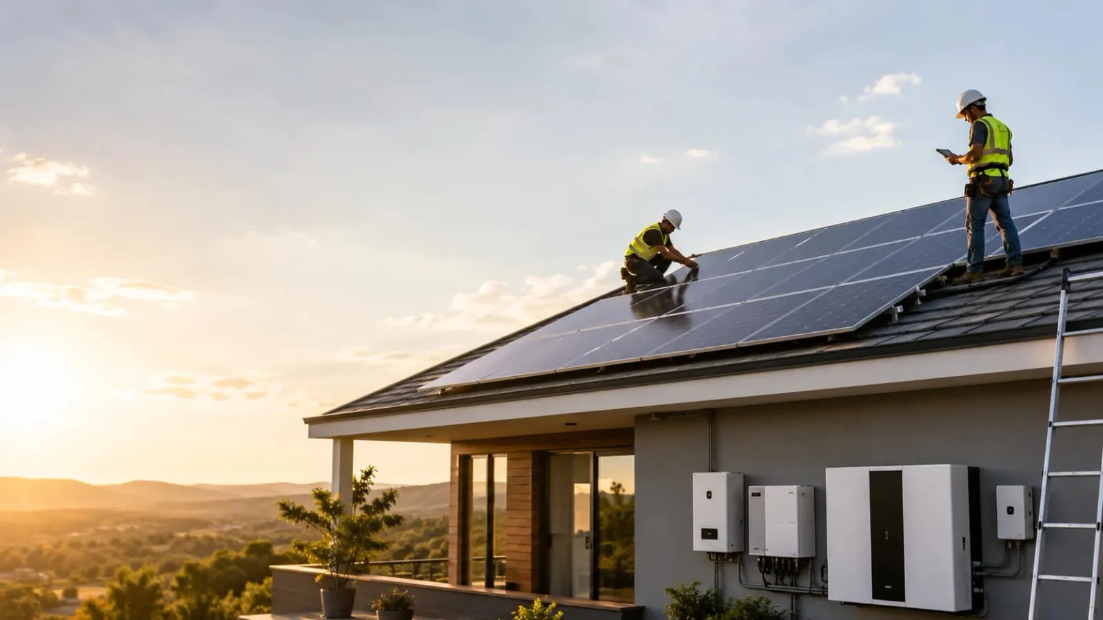 SOLMEK technicians installing rooftop solar panels and battery storage on a modern home at sunset